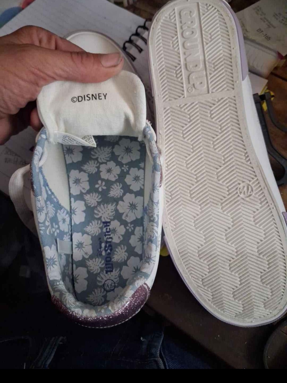 Disney Women’s Floral Slip-On Sneakers in Light Blue and White with Glitter Heel